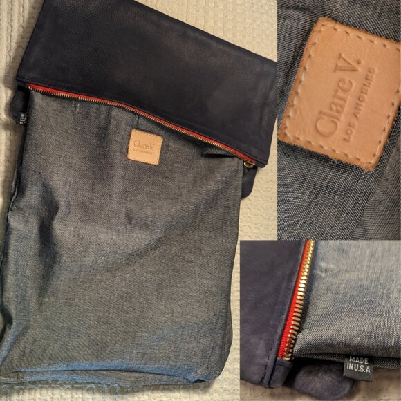 Clare V. Foldover Leather Clutch Navy Made in USA - Picture 8 of 10